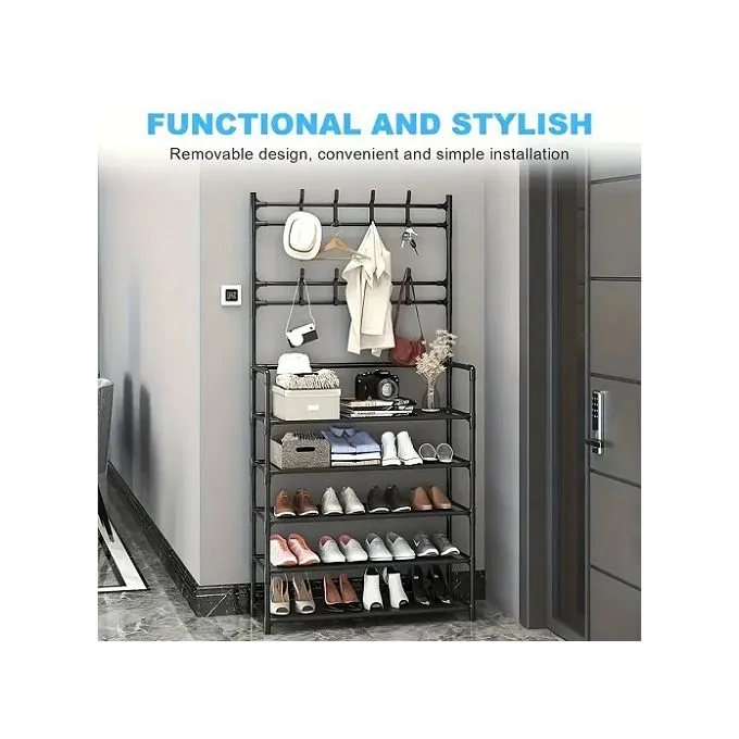 5 Tiers Coat Rack Shoe Rack With Coat/ Bags Hook -  Black