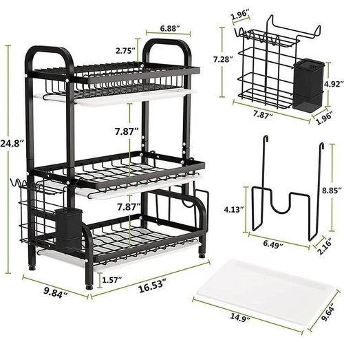 3 Layer Dish Rack Drainer for Utensils & Cutlery - Black