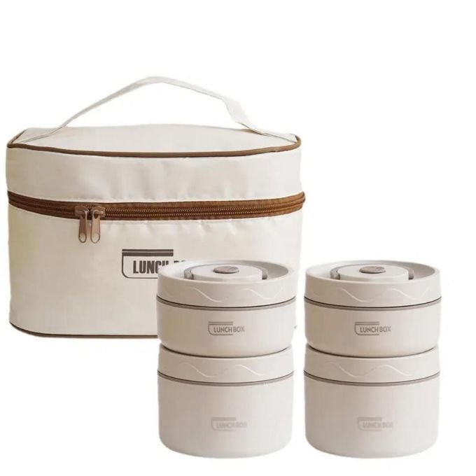 5 in 1 Food Flask with Insulated Carrier – White | Stainless Steel Vacuum Food Container