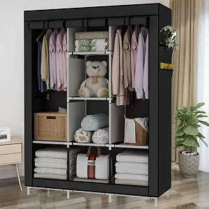 3 Column Portable Fabric Foldable Clothes Closet Wardrobe - Black