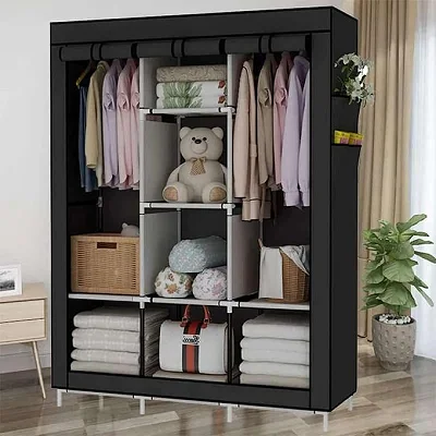 3 Column Portable Fabric Foldable Clothes Closet Wardrobe - Black