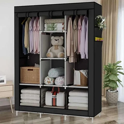 3 Column Portable Fabric Foldable Clothes Closet Wardrobe - Black