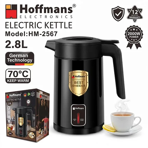 Hoffmans HM-2567 2.8L Stainless Steel Electric Kettle – 2000W Fast-Boiling Water Kettle, Grey/Red/Silver