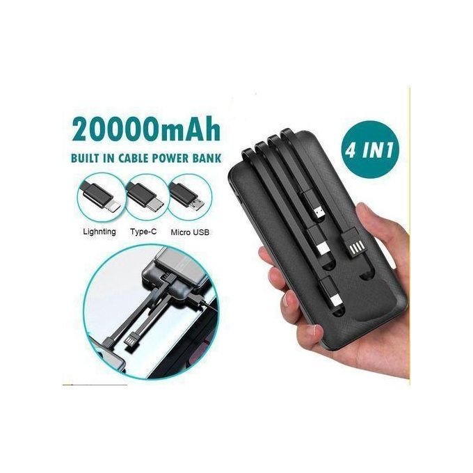 20000mAh Fast Charging Power Bank With 4 Different Charging Cables - Black