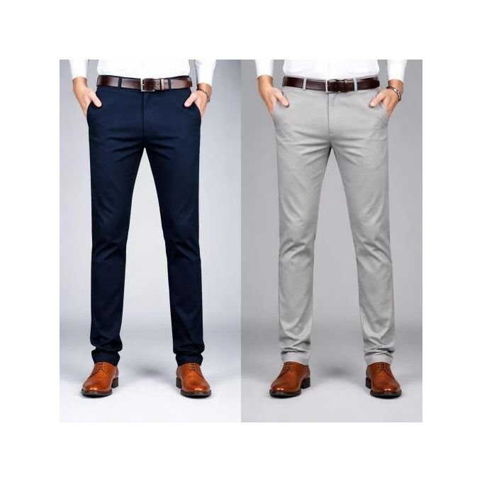 2 Pack of Men's Non Fading Formal Khaki Stretcher Trousers - Navy & Khaki