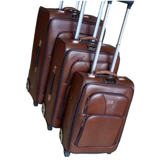 3 In 1 - Leather Luggage Suitcase Double Wheels Handle Light Weight Waterproof Suitcase - Brown