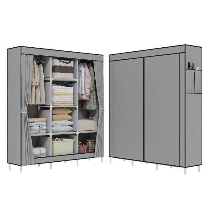 3 Column Metallic Frame Cloth Wardrobe- Grey
