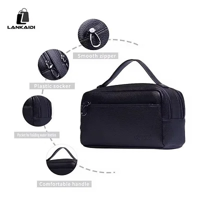 Multi-Pocket Leather Hand Clutch with Zipper – Black
