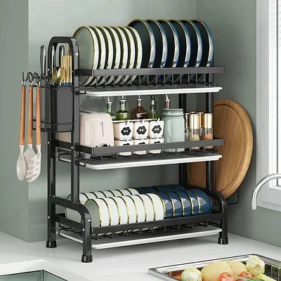 3 Tier Kitchen Dish Rack with Detachable Drainboard – Multi-Level Plate &amp; Utensil Organizer