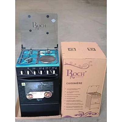 Roch 50x50cm Cooker – 3 Gas Burners + 1 Electric Hotplate, Electric Oven, Auto Ignition &amp; Glass Lid - Black