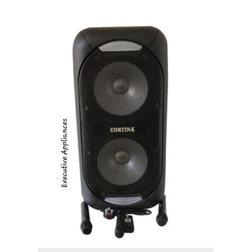 Rechargeable Cortina Dual 12" Amplified Public Address Speaker With 2 Wired &  1 Wireless microphones - Black