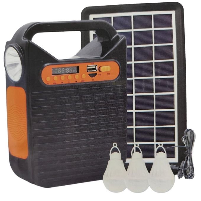 Solar Rechargeable LED  System With Fm Radio, USB,  Music, Charging Cables For Multifunctional Camping Light - Black