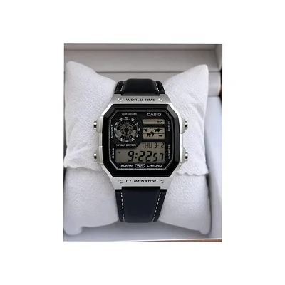 Casio AE-1200WH World Time Digital Watch – Silver Case &amp; Leather Strap