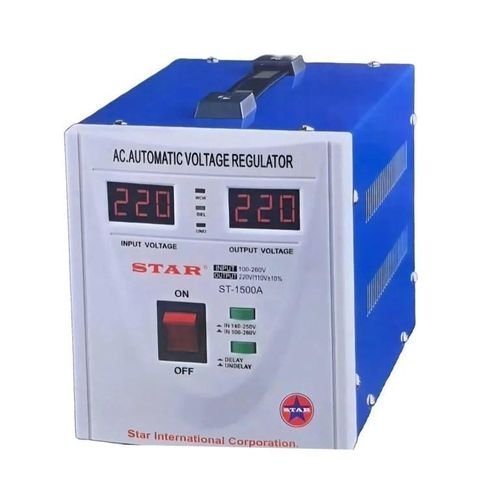 Airstar 1500A Automatic Voltage Regulator -1.5KVA Dual Output (110V/220V) Fuse Protected _ Blue, white.1 year warranty.