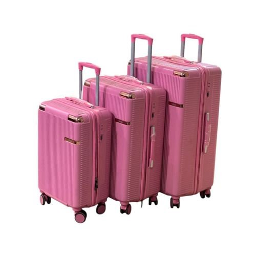 3pcs Waterproof Rubber Plastic Suitcase Set – Large, Medium & Small 4 Wheel Spinner Luggage - Pink (Design Prints Vary)