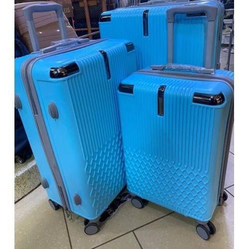 3pcs Waterproof Rubber Plastic Suitcase Set – Large, Medium & Small 4 Wheel Spinner Luggage -  Blue (Design Prints Vary)