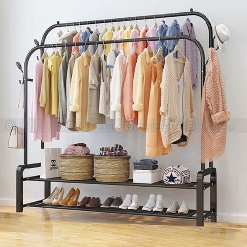 Double Pole Coat Rack Indoor Bedroom Clothes drying Rail Balcony Hanging Clothes Shoes Rack Standing Storage Organizer With Hoks- Black