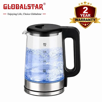 Globalstar  Electric Glass Kettle 2.0L - Fast Boil with LED Light - Black &amp; Silver