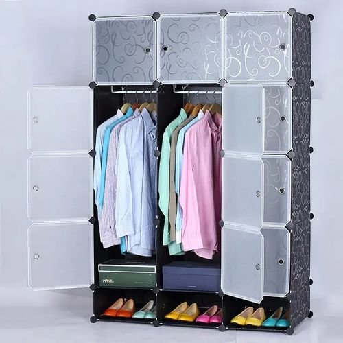 3 Column Elegant Plastic Wardrobe With Shoe Storage - Black