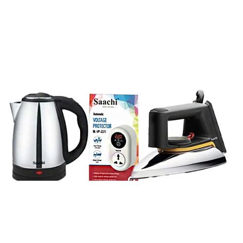 Pack Of Saachi Dry Flat Iron+ 2L Electric Kettle+ 15 Amps Power Guard.