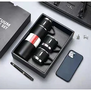 500ml Stainless Steel Vacuum Flask Gift Set with 2 Mugs - Black