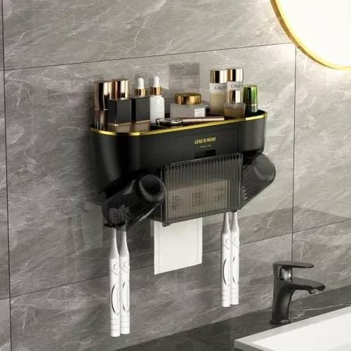 Toothbrush Holder with 2 Cups & Automatic Toothpaste Dispenser, Wall-Mounted Toilet Paper Rack