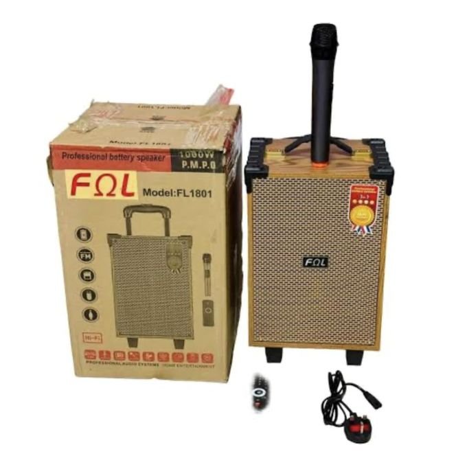 Professional battery speaker with a karaoke microphone and remote control.