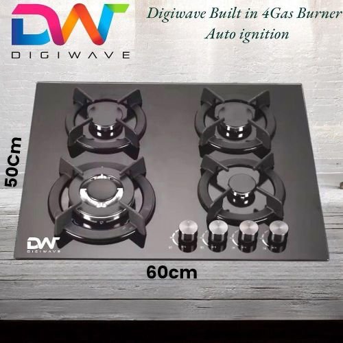 Digiwave 4 Burner Gas Stove Built In Tempered Glass Black Surface - Black