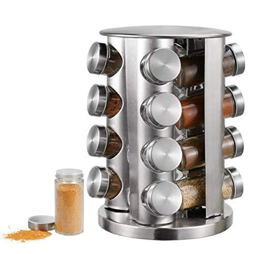 Rotating Spice Rack With 16 Seasoning Jars, Revolving Tower Organizer Stainless Steel For Kitchen Storage
