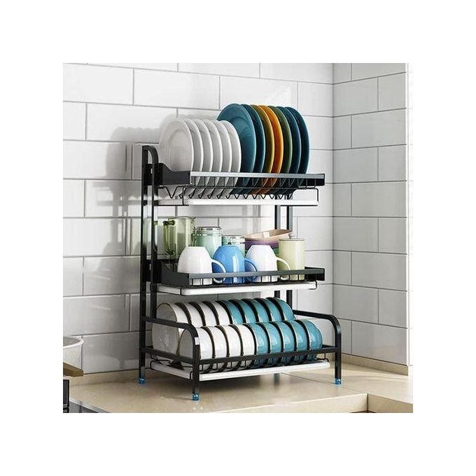3-Tier Dish Rack Stainless Steel Dish Drainer - Black.