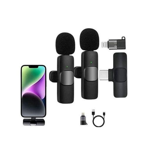 K9 Dual Wireless Microphone for iPhone and Android + IOS Adapter - Black