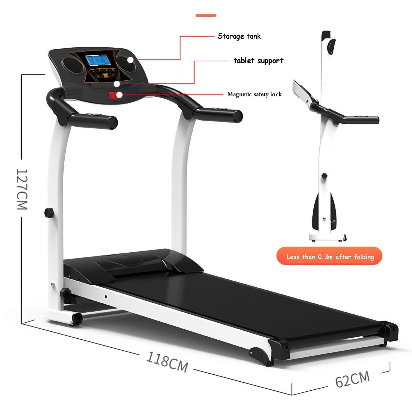 1-8km/h Portable Foldable Treadmill Fitness Equipment with LCD Screen  for Home Office