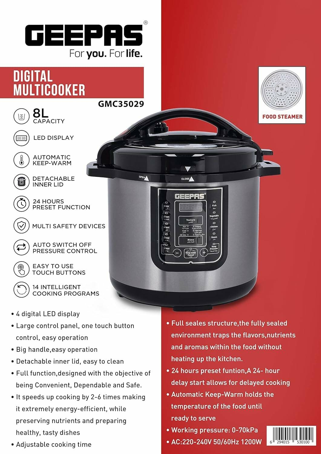 Geepass 14-in-1 Multi-Function Cooker, 8Liter Electric Pressure Cooker