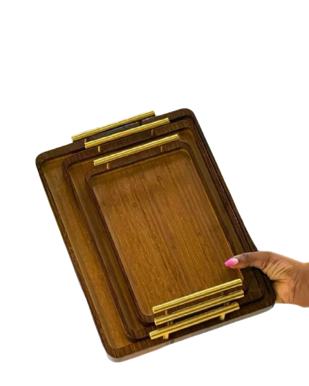 Set Of 3Pcs Bamboo Wooden Trays With Golden Handles - Brown
