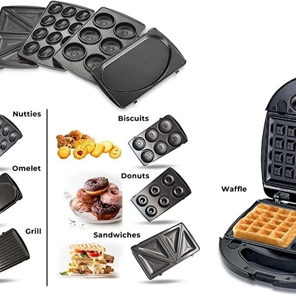 Sonashi 7-in-1 Multi Snack Maker Detachable Sandwich, Grill, Donut, Waffle, Cupcake, Nutty, Omelet Making Plates -Multi