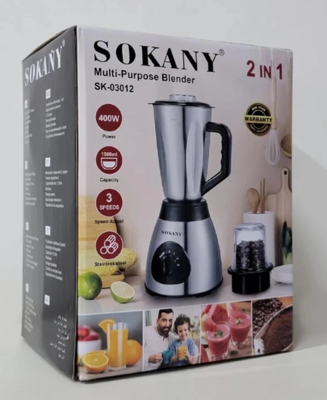 Sokany 2 In 1 Blender Grinder With Unbreakable Jars 3 Speeds 400W 1.5Litre Juicer- Multicolor