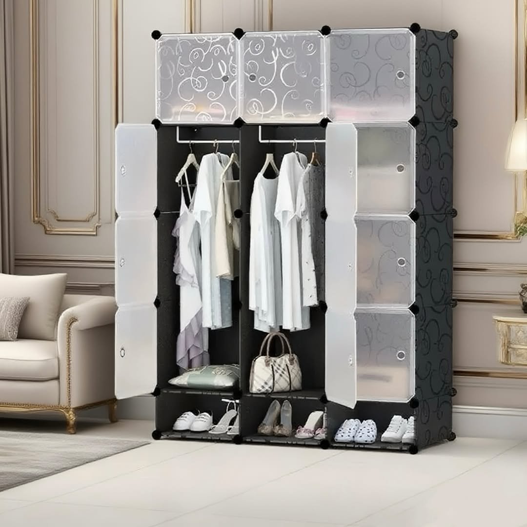 3 Column Portable Plastic Wardrobe Closet With Shoe Rack Row - Black