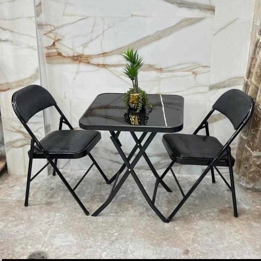 Portable Foldable  Table & 2 Chairs Set With Tempered Glass Tabletop - Black