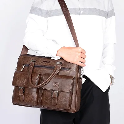 Jeep Buluo 15-Inch Waterproof Leather Laptop Bag – Coffee Brown