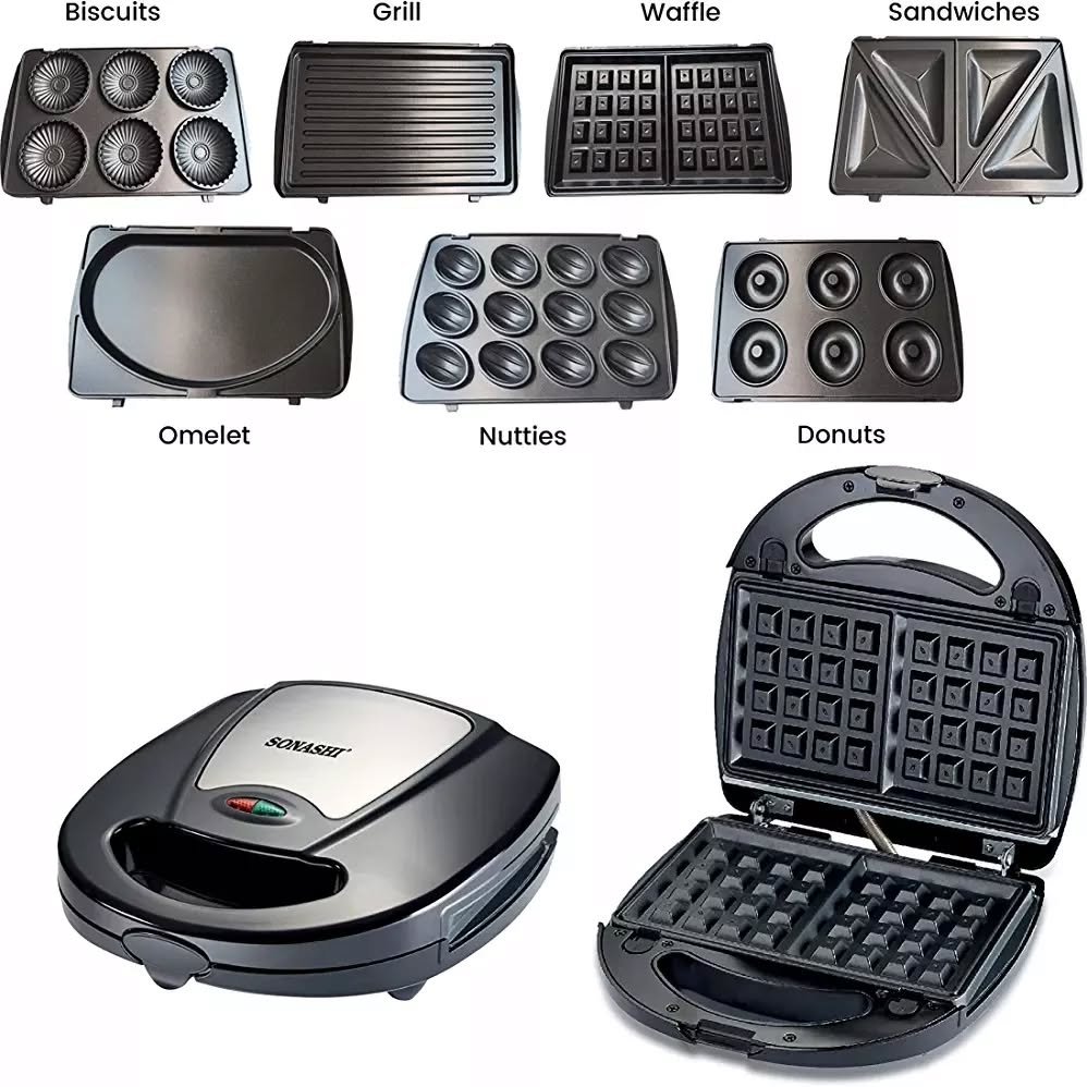 Sonashi 7-in-1 Multi Snack Maker Detachable Sandwich, Grill, Donut, Waffle, Cupcake, Nutty, Omelet Making Plates -Multi