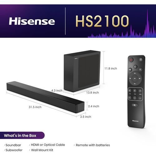 Hisense 2.1 CH 240W Soundbar HS2100 with Subwoofer HDMI ARC , Bluetooth - 1 Yr Warranty