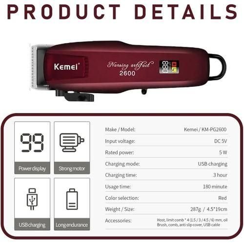 Kemei Rechargeable Saloon Hair Clipper Beard Shaver Hair Trimmer Shaving Machine - Maroon