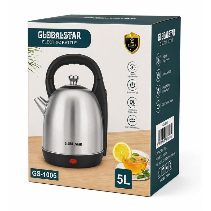 Globalstar 5L Electric Kettle – 2000W Fast Boiling, Auto Shut-Off, Dry-Boil Protection & 360° Swivel Base