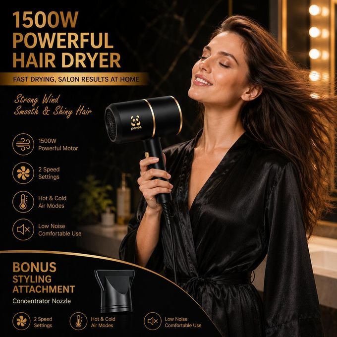 Panda 1800W Professional Hair Dryer – Fast Hair Drying with Hot & Cold Air & Free Nozzle