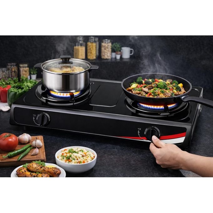 Double Burner Gas Stove Stainless Steel – Fast & Efficient Cooking- Black