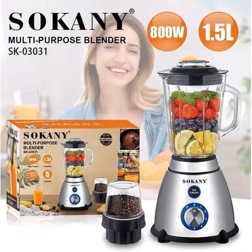 Sokany 2 In 1 Glass Stainless Steel Electric Blender 1.5 Ltrs