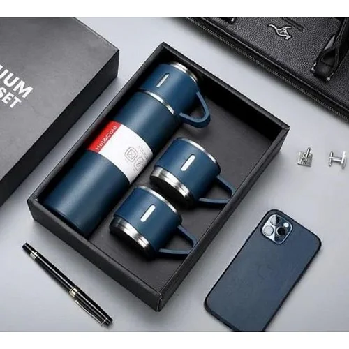 500ml Stainless Steel Vacuum Flask Gift Set with 2 Mugs - Navy Blue