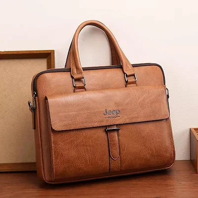 Jeep Buluo 15-Inch Waterproof Leather Laptop Bag – Brown | Stylish Laptop Carrying Bag