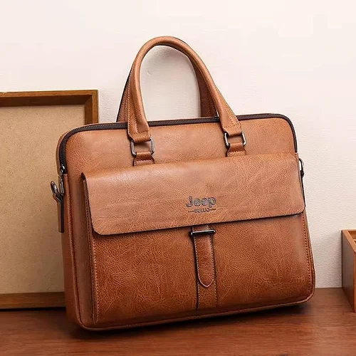 Jeep Buluo 15-Inch Waterproof Leather Laptop Bag – Brown | Stylish Laptop Carrying Bag
