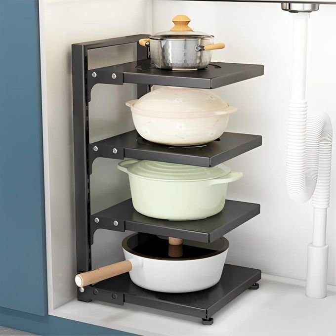 Adjustable Heavy-Duty Pot & Pan Rack Organizer with Dividers – Kitchen Cabinet & Countertop Storage Holder